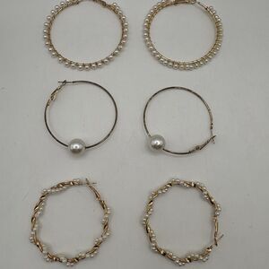 Lot Os 3 Pair Gold Tone Hoop Earrings Faux Pear Accents Large Statement